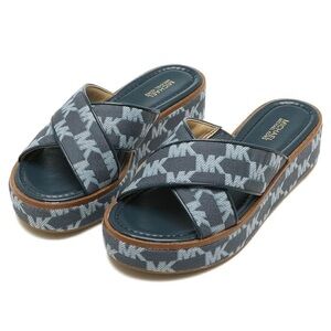 Michael Kors Indira Logo Jacquard Navy Platform Wedge Slide Sandal Size 8.5